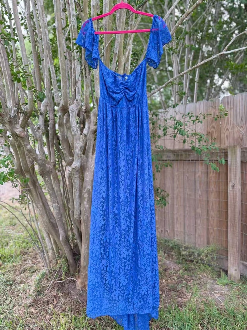 Royal Blue Lace Maxi Dress with Flutter Sleeves